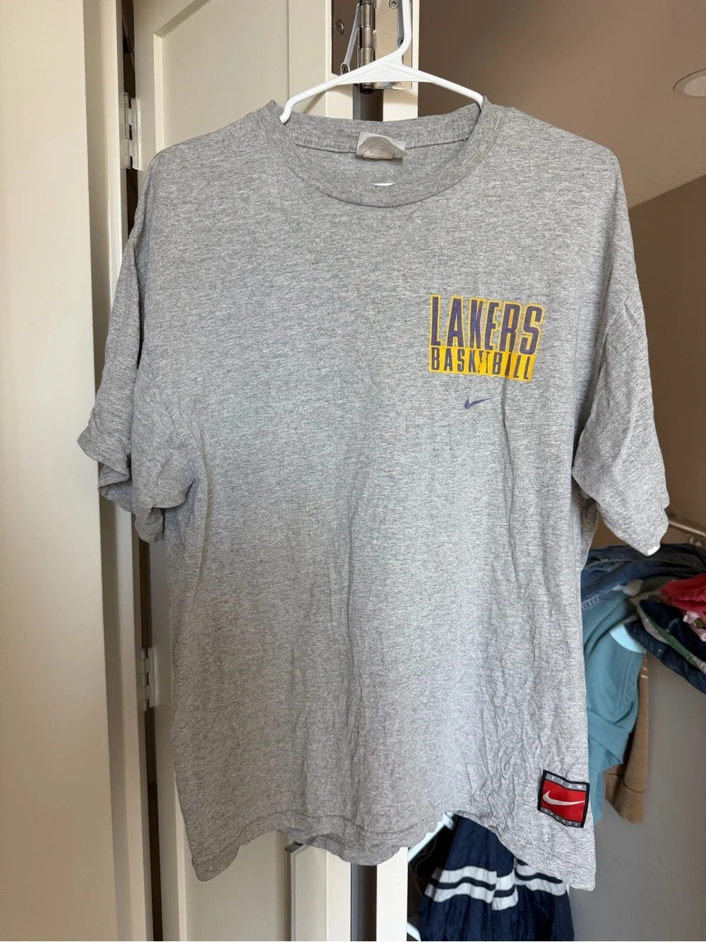 Nike Gray Lakers Basketball T-Shirt with Purple & Gold Logo